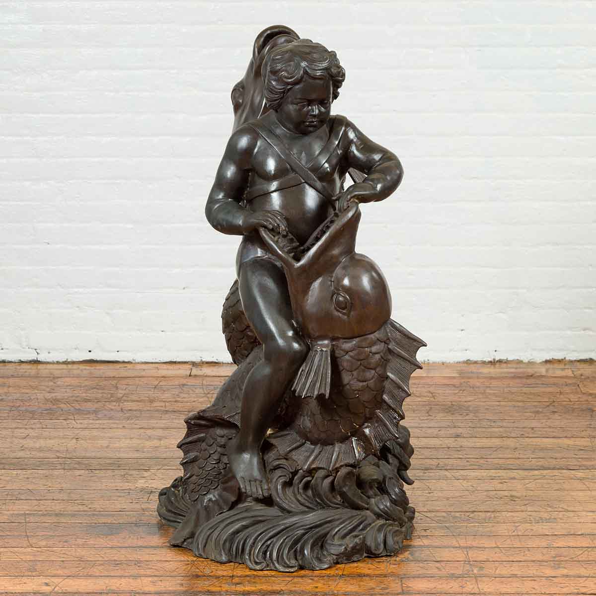 Greco-Roman Style Vintage Bronze Fountain Depicting a Putto Riding a Dolphin-2. Asian & Chinese Furniture, Art, Antiques, Vintage Home Décor for sale at FEA Home
