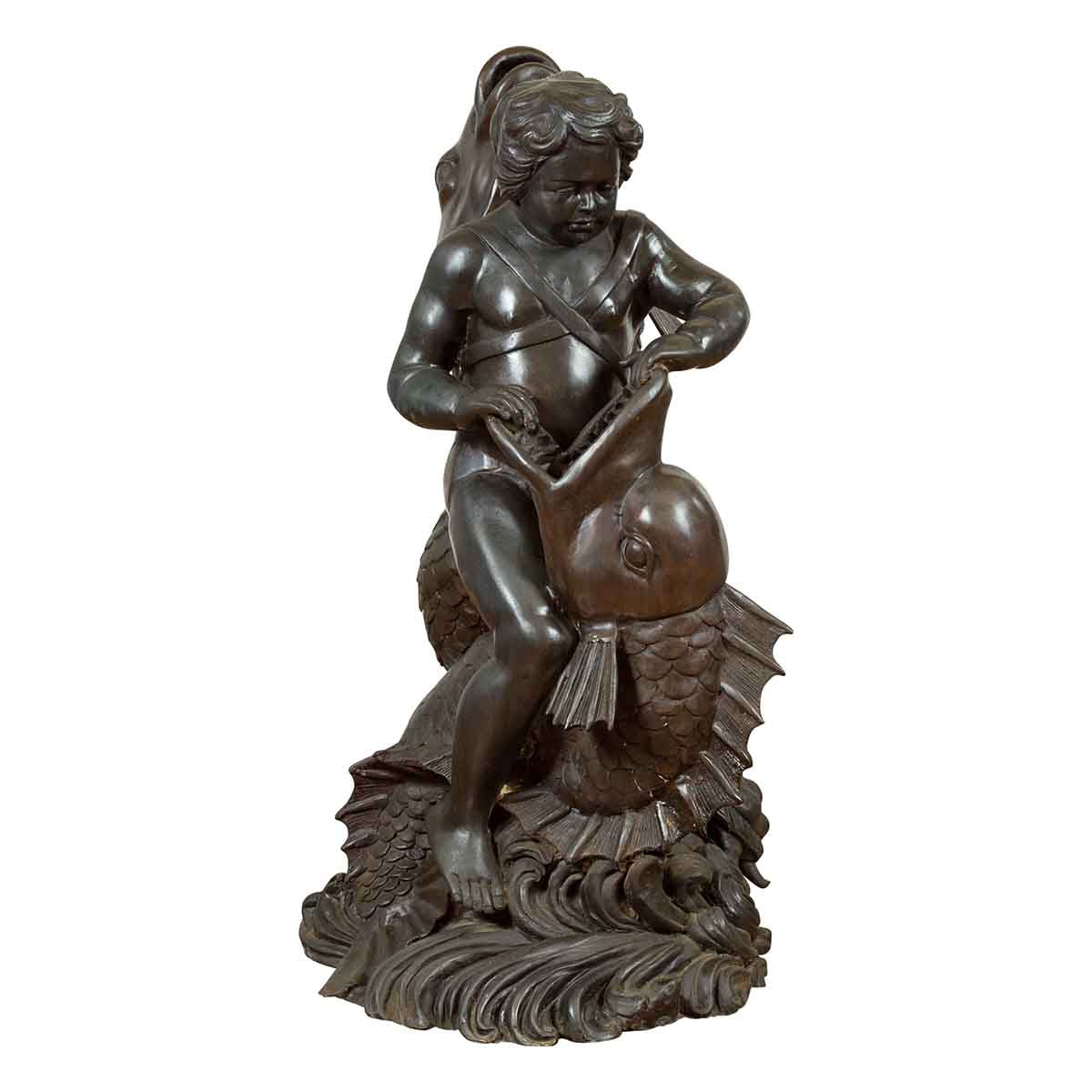 Greco-Roman Style Vintage Bronze Fountain Depicting a Putto Riding a Dolphin-1. Asian & Chinese Furniture, Art, Antiques, Vintage Home Décor for sale at FEA Home
