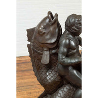Greco-Roman Style Vintage Bronze Fountain Depicting a Putto Riding a Dolphin