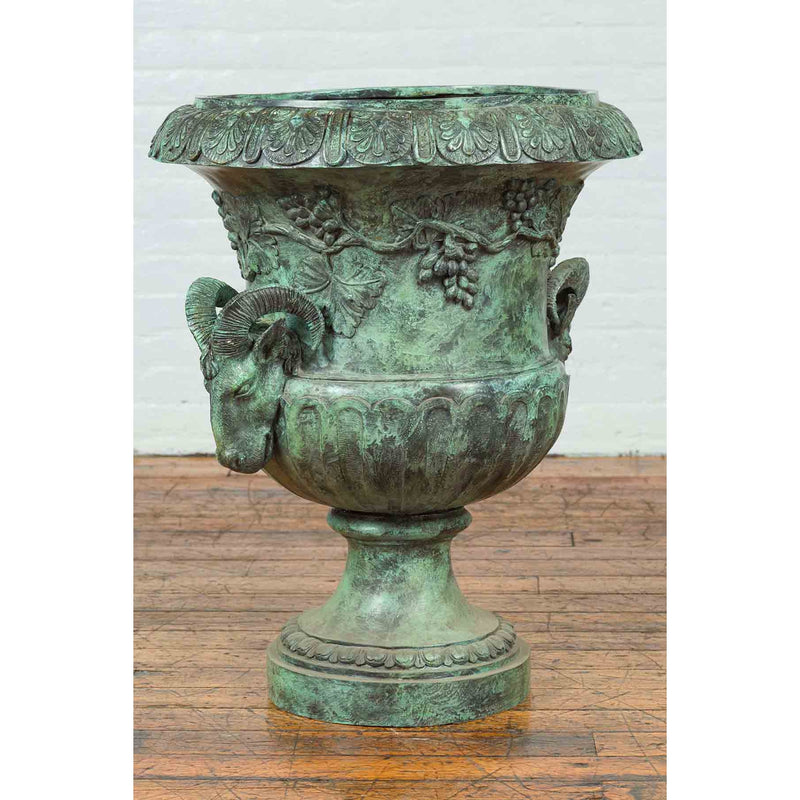 Large Classical Roman Style Bronze Urn Planter with Verde Patina and Rams Heads-6. Asian & Chinese Furniture, Art, Antiques, Vintage Home Décor for sale at FEA Home