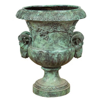 Large Classical Roman Style Bronze Urn Planter with Verde Patina and Rams Heads