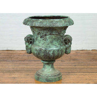 Large Classical Roman Style Bronze Urn Planter with Verde Patina and Rams Heads