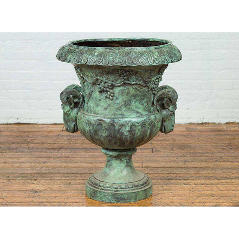 Large Classical Roman Style Bronze Urn Planter with Verde Patina and Rams Heads-7. Asian & Chinese Furniture, Art, Antiques, Vintage Home Décor for sale at FEA Home