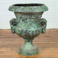 Large Classical Roman Style Bronze Urn Planter with Verde Patina and Rams Heads
