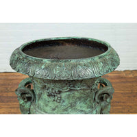 Large Classical Roman Style Bronze Urn Planter with Verde Patina and Rams Heads