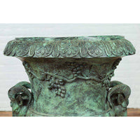 Large Classical Roman Style Bronze Urn Planter with Verde Patina and Rams Heads