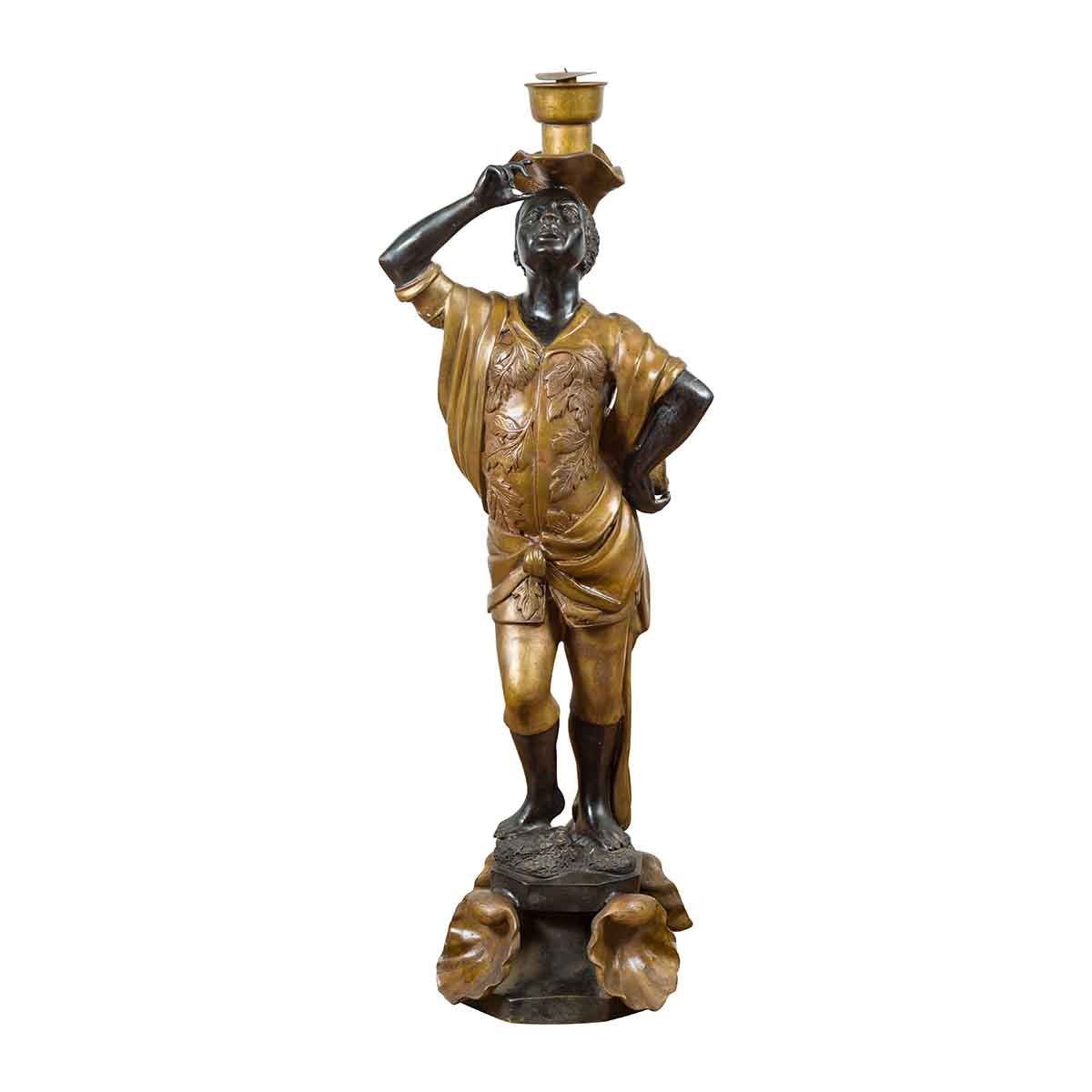 Vintage Bronze Candle Holder Statue on Shell Base-1. Asian & Chinese Furniture, Art, Antiques, Vintage Home Décor for sale at FEA Home