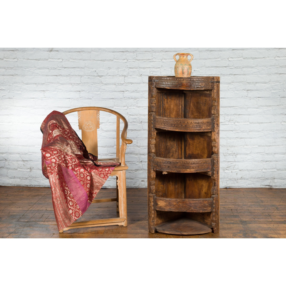 Rustic Indian 19th Century Corner Cabinet with Carved Motifs and Three Shelves-5. Asian &amp; Chinese Furniture, Art, Antiques, Vintage Home Décor for sale at FEA Home