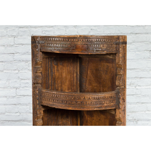 Rustic Indian 19th Century Corner Cabinet with Carved Motifs and Three Shelves-YN1116-8. Asian & Chinese Furniture, Art, Antiques, Vintage Home Décor for sale at FEA Home