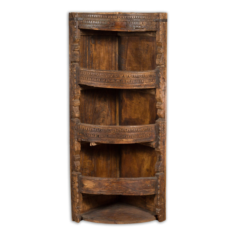 Rustic Indian 19th Century Corner Cabinet with Carved Motifs and Three Shelves-YN1116-1. Asian & Chinese Furniture, Art, Antiques, Vintage Home Décor for sale at FEA Home