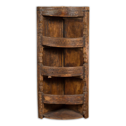 Rustic Indian 19th Century Corner Cabinet with Carved Motifs and Three Shelves-YN1116-1. Asian & Chinese Furniture, Art, Antiques, Vintage Home Décor for sale at FEA Home
