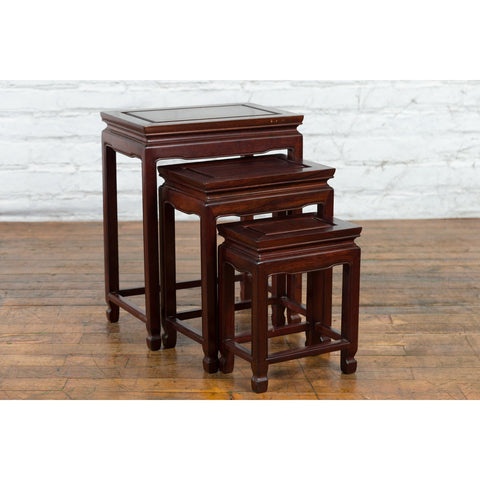 Set of Three Vintage Chinese Rosewood Nesting Tables with Dark Patina-YN3995-2. Asian & Chinese Furniture, Art, Antiques, Vintage Home Décor for sale at FEA Home