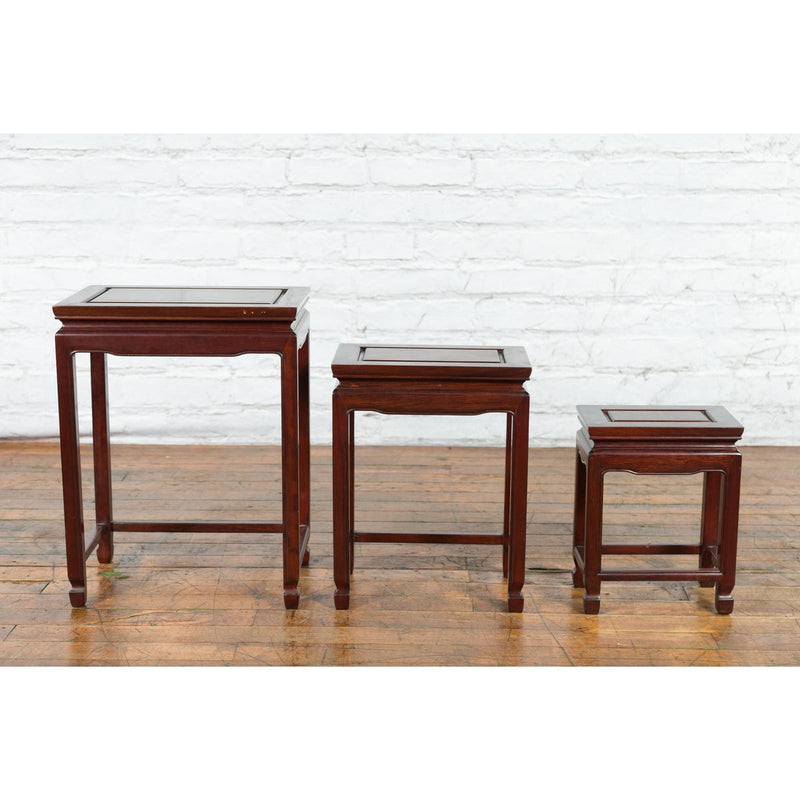 Set of Three Vintage Chinese Rosewood Nesting Tables with Dark Patina-YN3995-3. Asian & Chinese Furniture, Art, Antiques, Vintage Home Décor for sale at FEA Home