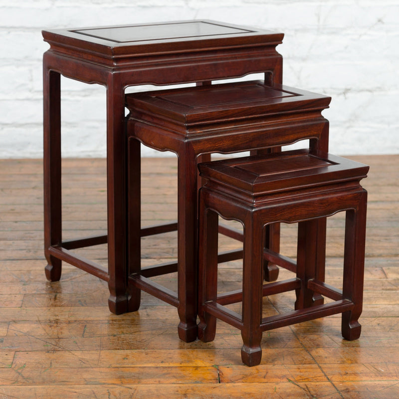 Set of Three Vintage Chinese Rosewood Nesting Tables with Dark Patina-YN3995-5. Asian & Chinese Furniture, Art, Antiques, Vintage Home Décor for sale at FEA Home