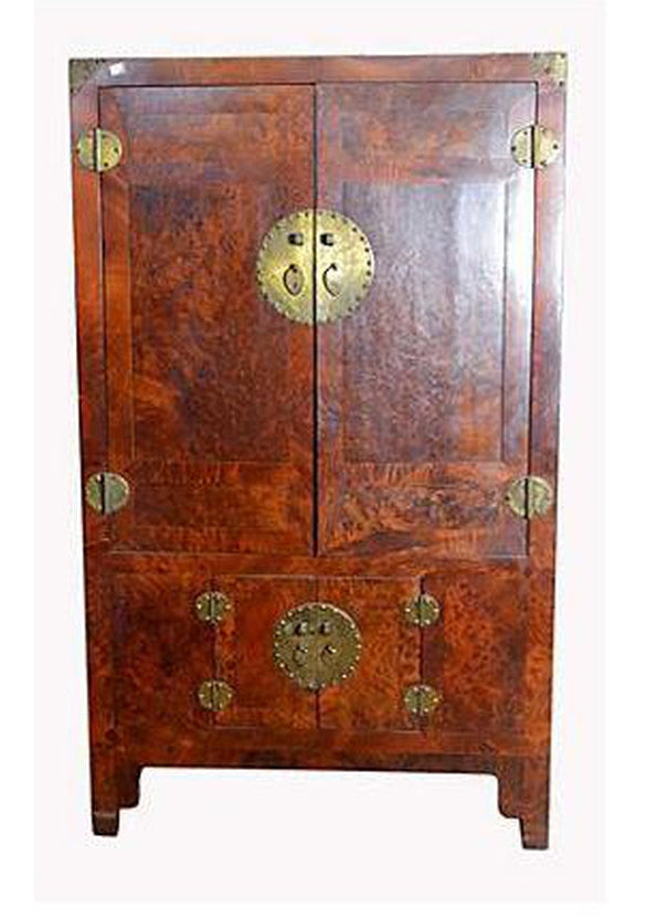 Stained burlwood Chinese armoire with four doors and brass hardware, 19th century, front view.