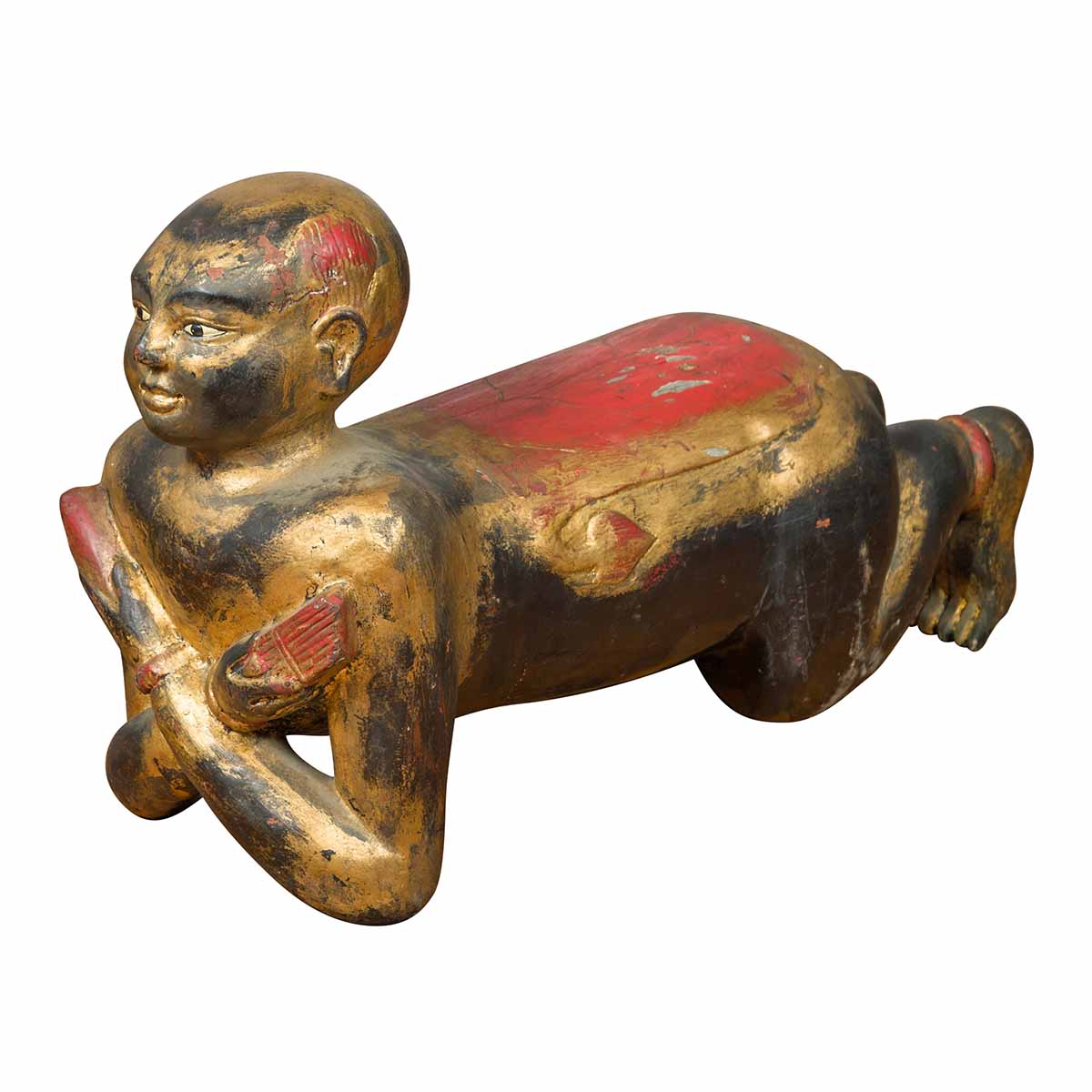 Vintage Thai Ceremonial Gilt Carved Temple Guardian with Black and Red Patina-1. Asian & Chinese Furniture, Art, Antiques, Vintage Home Décor for sale at FEA Home