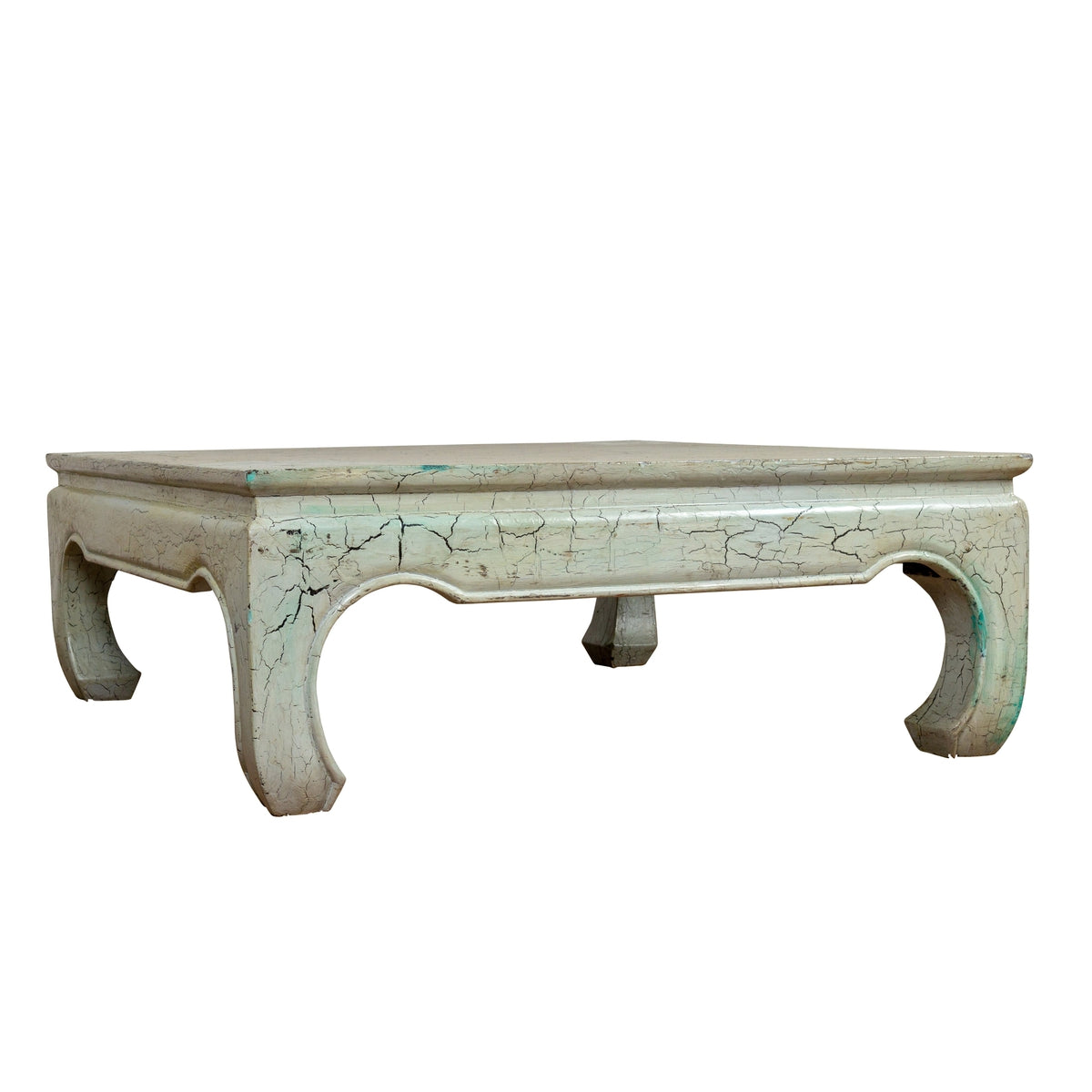 Vintage Thai Teak Coffee Table with Mint Green Distressed Finish and Chow Legs-1. Asian & Chinese Furniture, Art, Antiques, Vintage Home Décor for sale at FEA Home