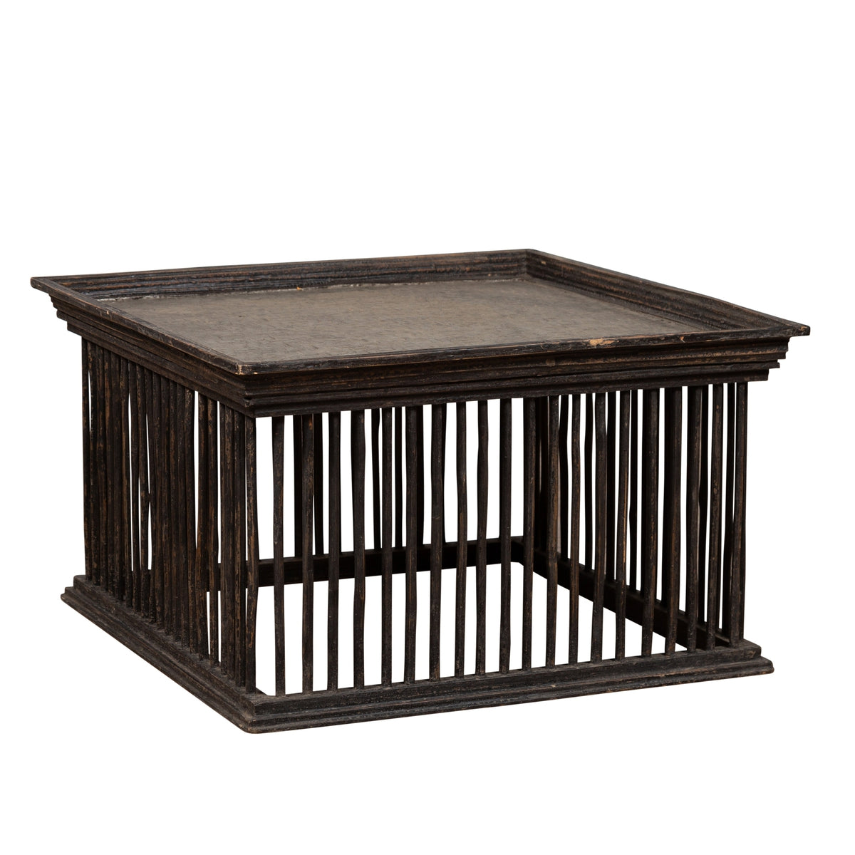 Vintage Thai Square Rattan Coffee Table with Silver Leaf Top and Spindle Design-1. Asian & Chinese Furniture, Art, Antiques, Vintage Home Décor for sale at FEA Home