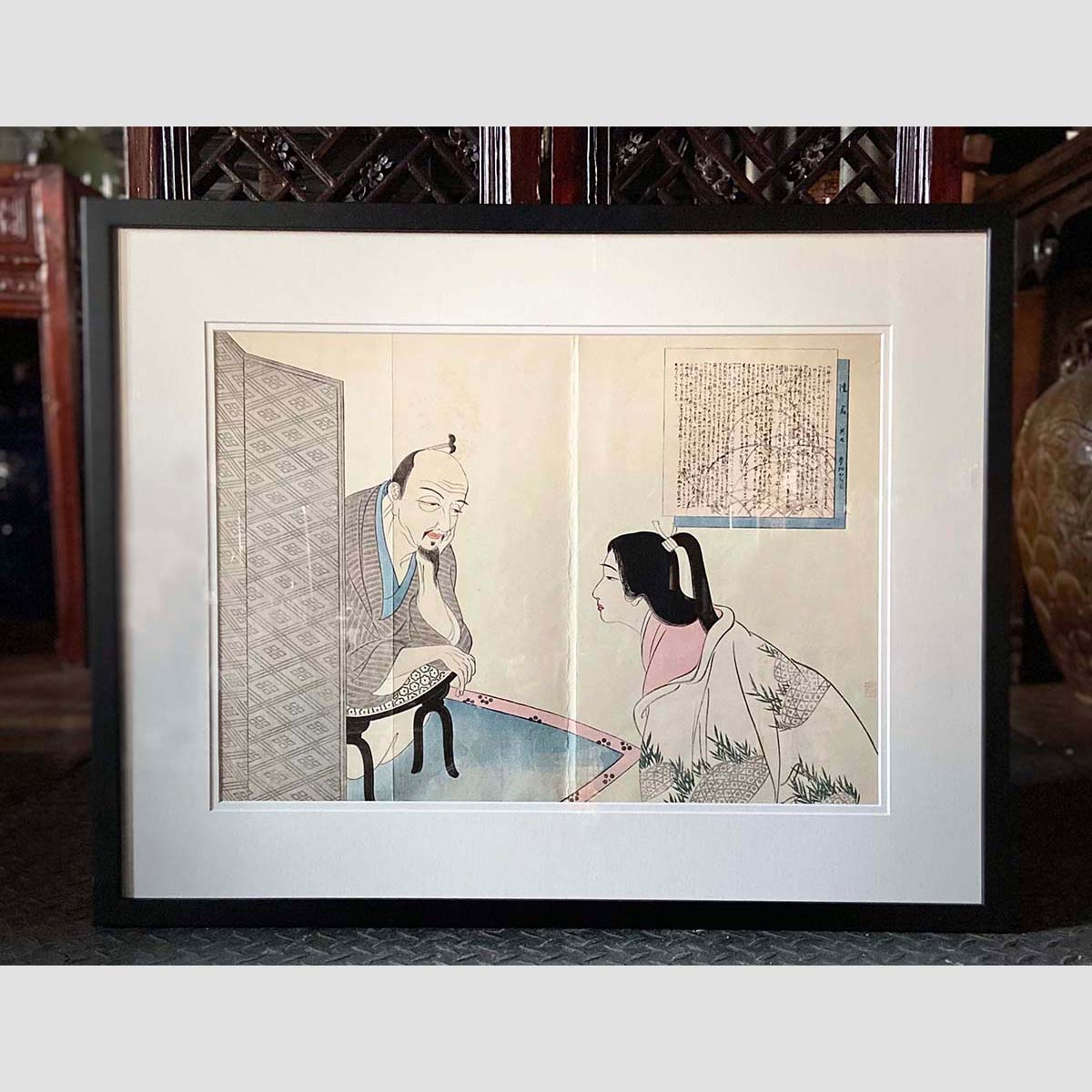 Antique Japanese Framed Woodblock Print Depicting a Man and Woman Discussing-2. Asian & Chinese Furniture, Art, Antiques, Vintage Home Décor for sale at FEA Home
