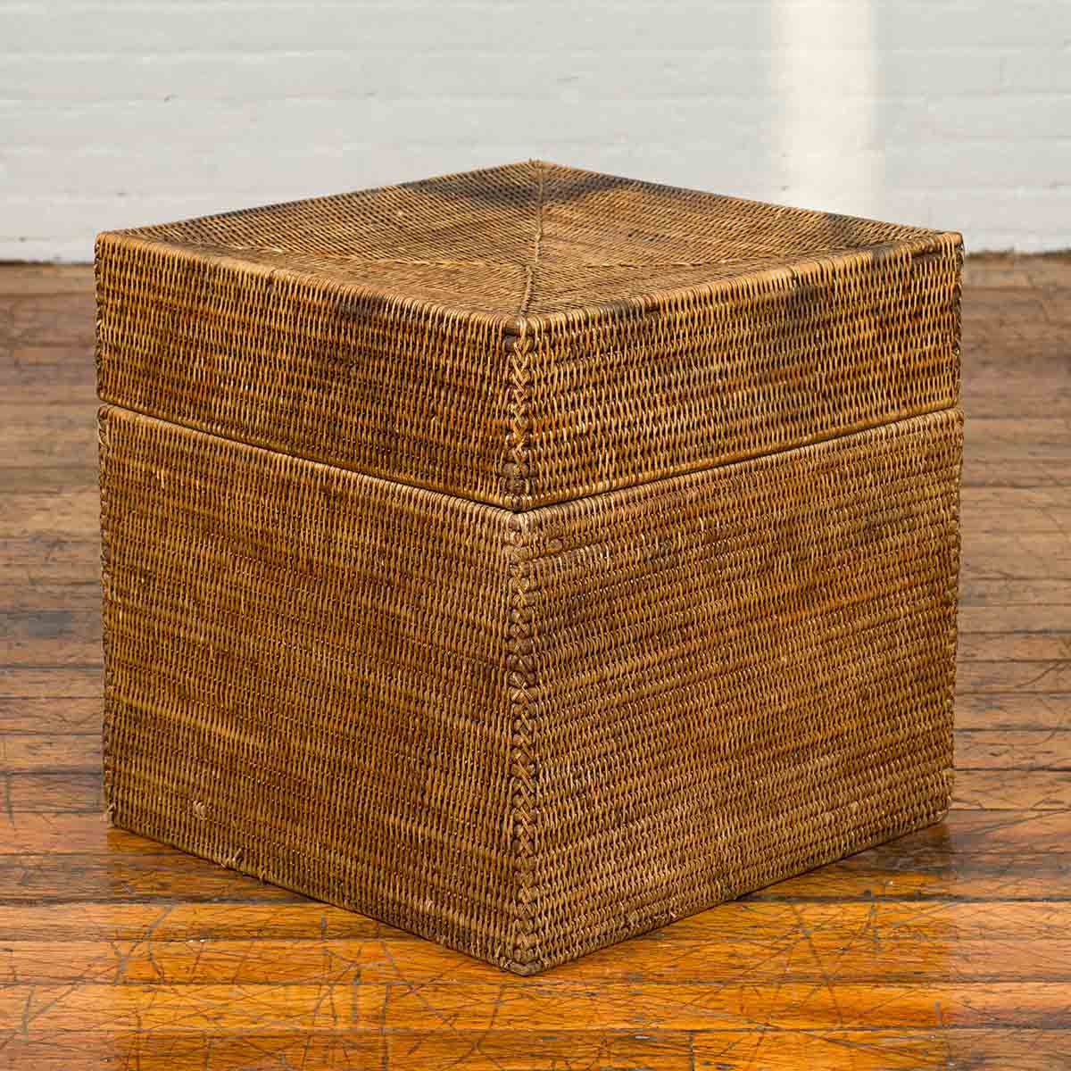 Rustic Burmese Vintage Square Shaped Rattan Basket with Weathered Patina-2. Asian & Chinese Furniture, Art, Antiques, Vintage Home Décor for sale at FEA Home