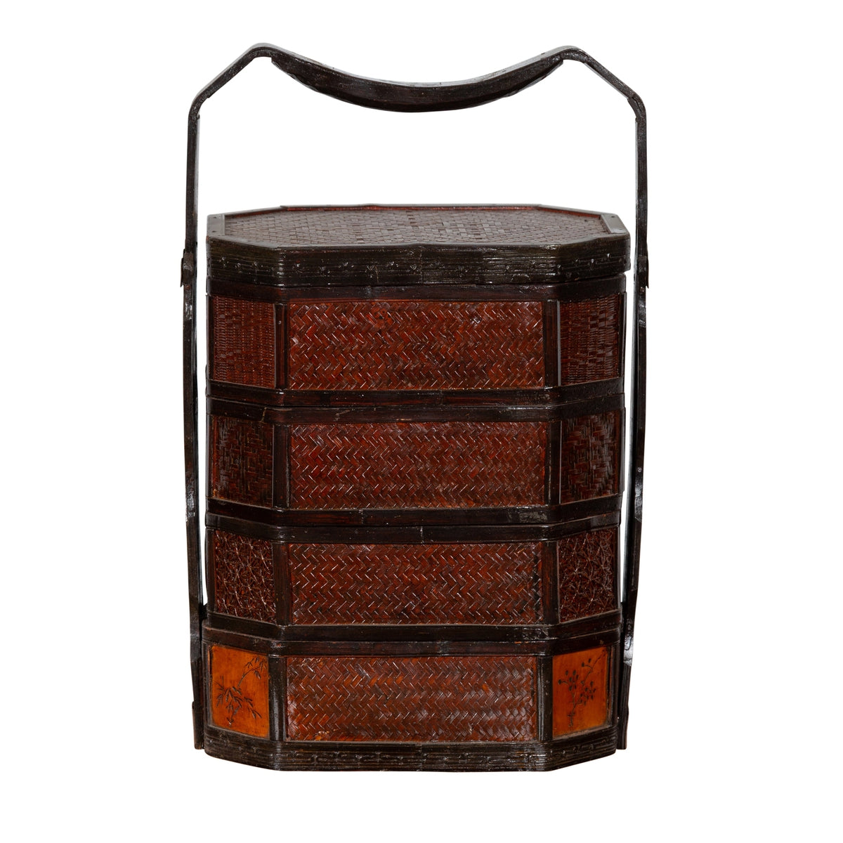 Small Burmese Vintage Stacking Picnic Basket with Lacquered Accents and Handle-1. Asian & Chinese Furniture, Art, Antiques, Vintage Home Décor for sale at FEA Home