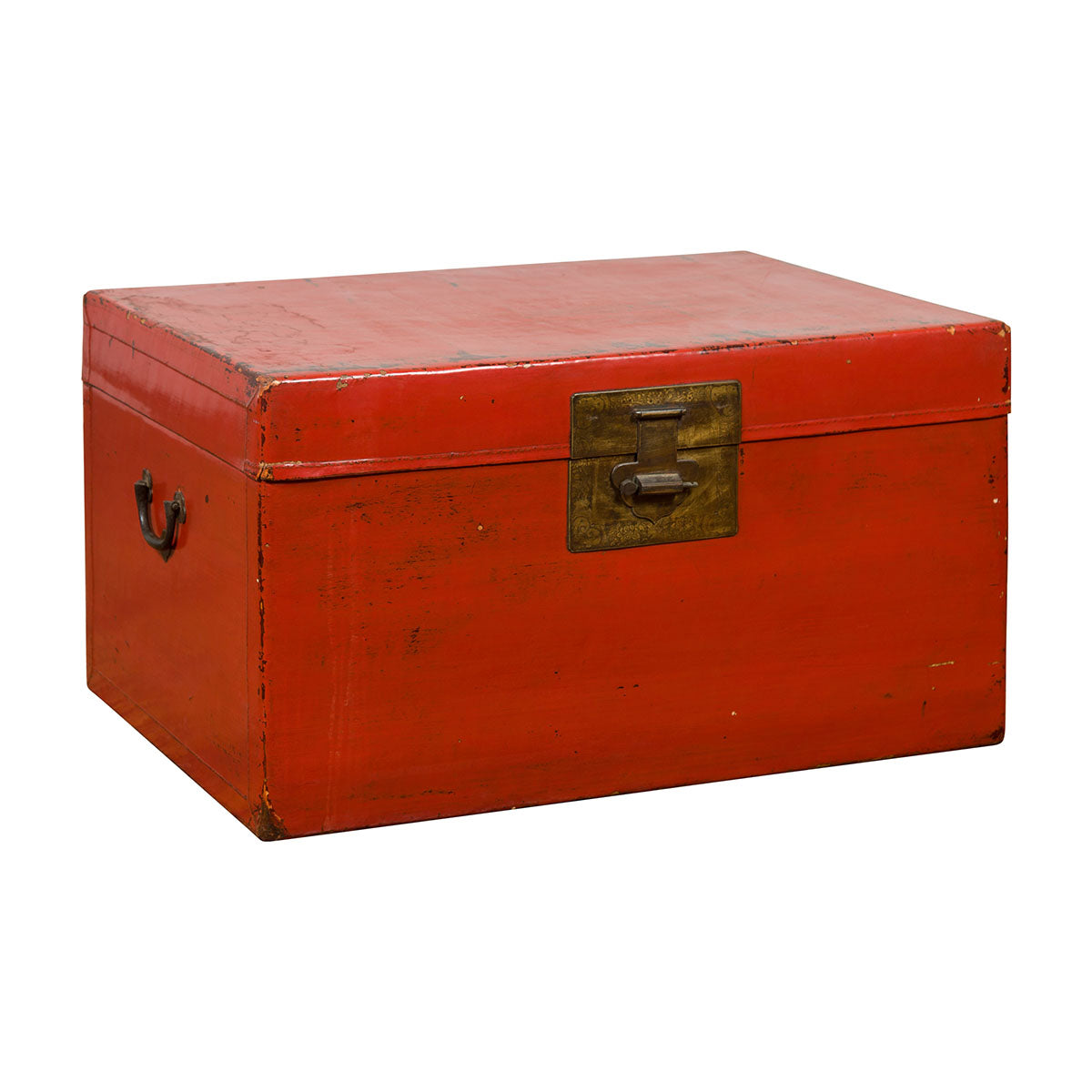 Vintage Chinese Distressed Red Lacquered Blanket Chest with Bronze Hardware-1. Asian & Chinese Furniture, Art, Antiques, Vintage Home Décor for sale at FEA Home