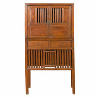 Chinese Vintage Cabinet with Fretwork Design, Doors and Drawers
