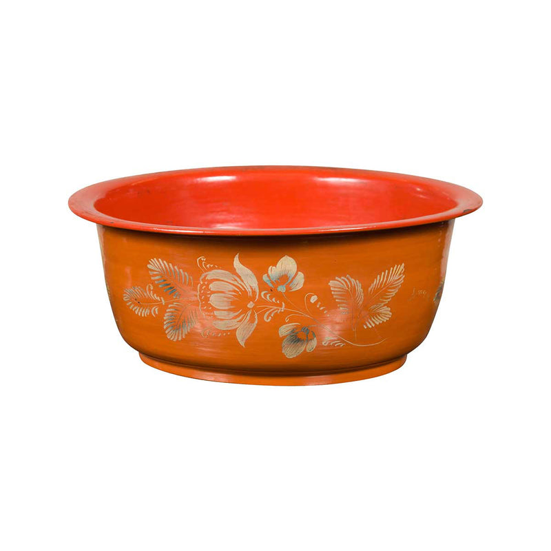 Vintage Burmese Orange and Red Lacquered Papier Mâché Bowl with Floral Design-YN6757-1. Asian & Chinese Furniture, Art, Antiques, Vintage Home Décor for sale at FEA Home