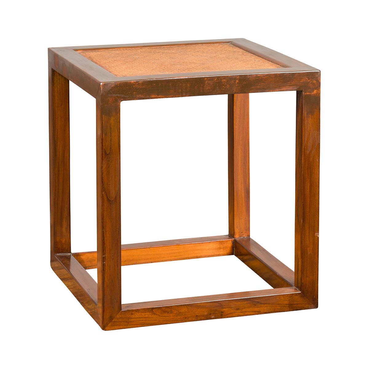 Chinese Vintage Cubic Side Table with Rattan Top, Straight Legs and Stretchers-1. Asian & Chinese Furniture, Art, Antiques, Vintage Home Décor for sale at FEA Home