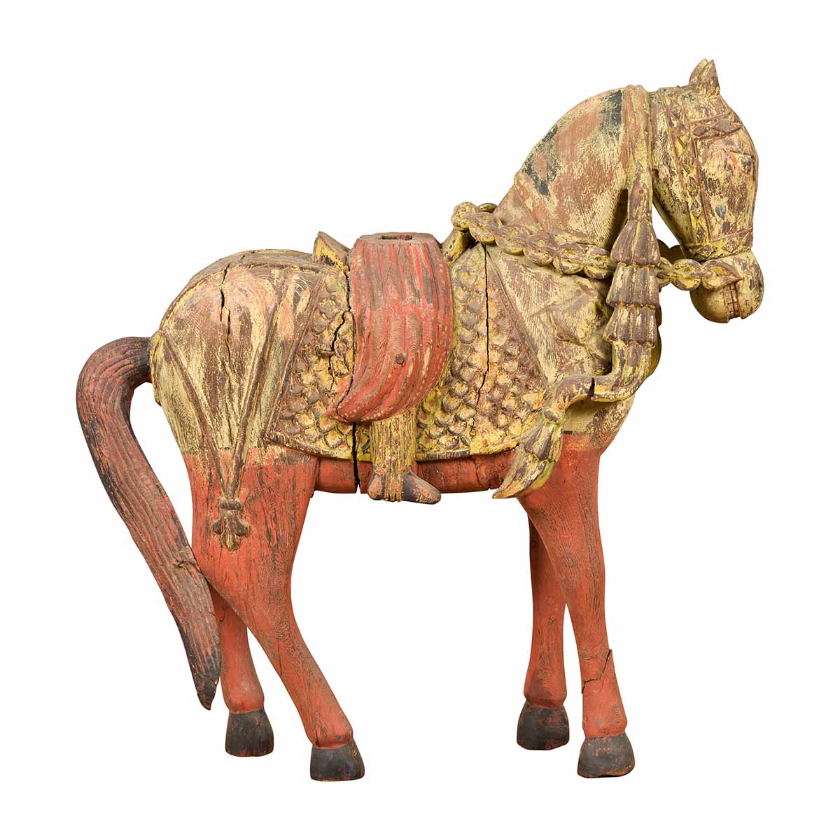 Vintage Indian Carved Wooden Horse from Madras with Yellow and Red Patina-1. Asian & Chinese Furniture, Art, Antiques, Vintage Home Décor for sale at FEA Home