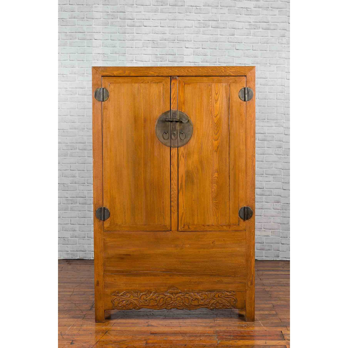 Chinese 19th Century Qing Dynasty Period Natural Elm Cabinet with Carved Apron-2. Asian & Chinese Furniture, Art, Antiques, Vintage Home Décor for sale at FEA Home