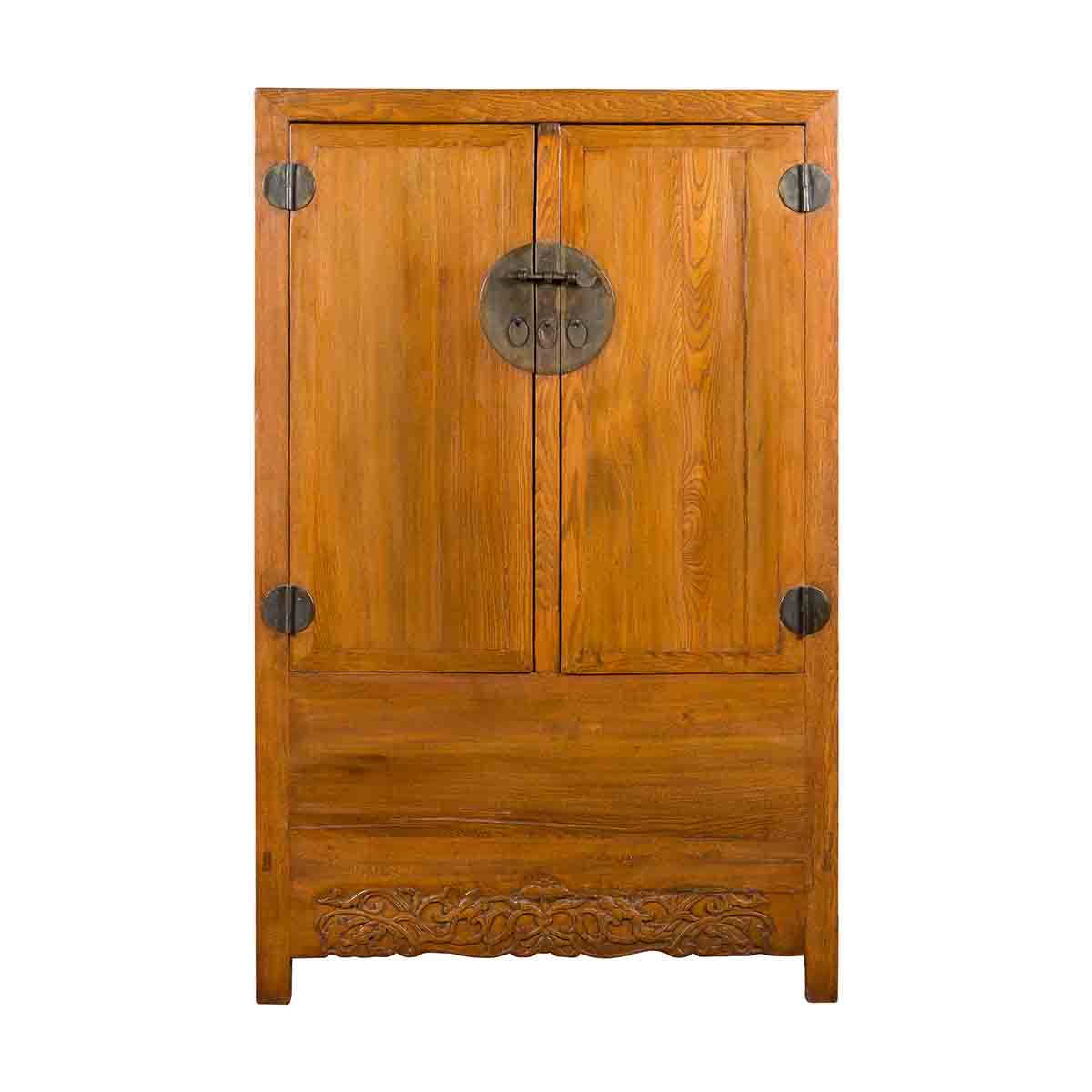 Chinese 19th Century Qing Dynasty Period Natural Elm Cabinet with Carved Apron-1. Asian & Chinese Furniture, Art, Antiques, Vintage Home Décor for sale at FEA Home