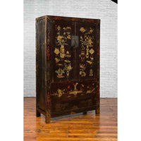 Chinese Brown Lacquered Qing Dynasty 19th Century Cabinet with Painted Motifs