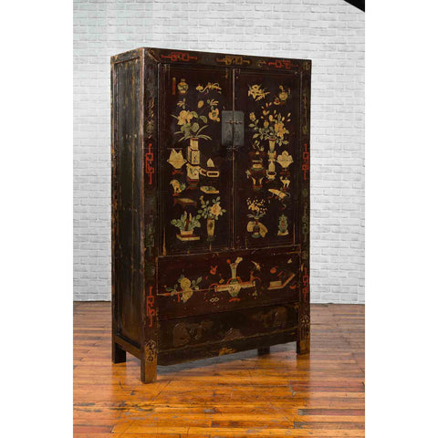 Chinese Brown Lacquered Qing Dynasty 19th Century Cabinet with Painted Motifs