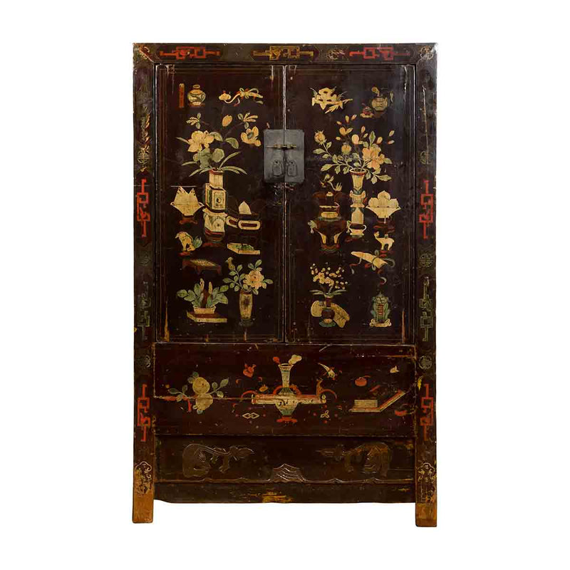 Chinese Brown Lacquered Qing Dynasty 19th Century Cabinet with Painted Motifs- Asian Antiques, Vintage Home Decor & Chinese Furniture - FEA Home