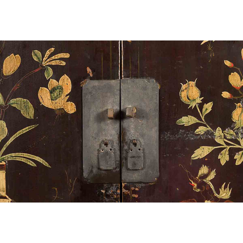 Chinese Brown Lacquered Qing Dynasty 19th Century Cabinet with Painted Motifs