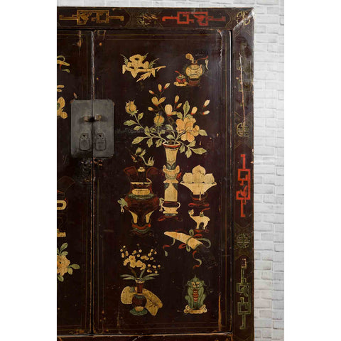 Chinese Brown Lacquered Qing Dynasty 19th Century Cabinet with Painted Motifs