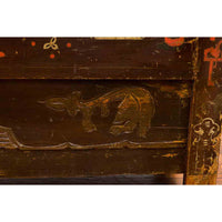 Chinese Brown Lacquered Qing Dynasty 19th Century Cabinet with Painted Motifs