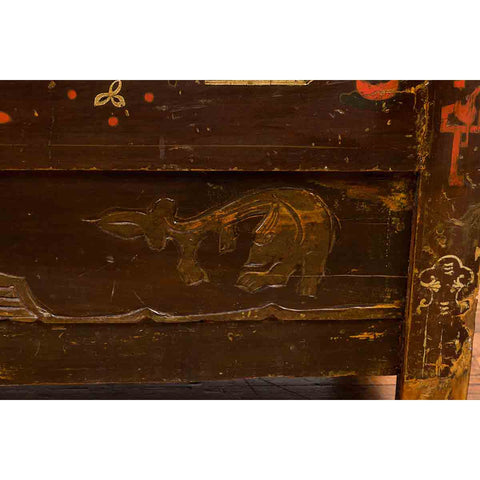 Chinese Brown Lacquered Qing Dynasty 19th Century Cabinet with Painted Motifs
