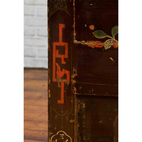Chinese Brown Lacquered Qing Dynasty 19th Century Cabinet with Painted Motifs