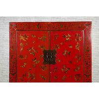 Chinese Red Lacquered 19th Century Qing Dynasty Cabinet with Gilt Chinoiseries