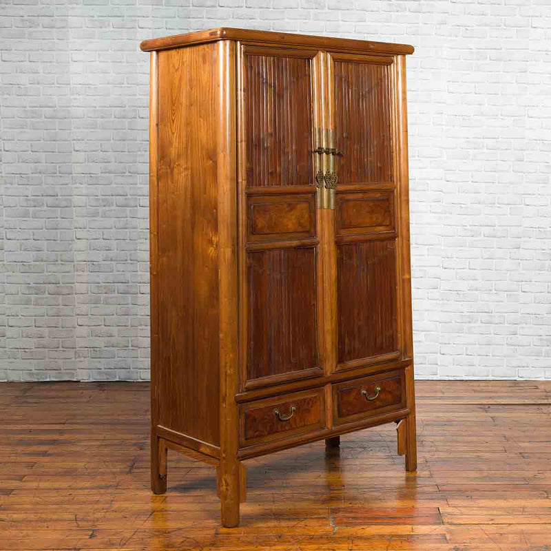 Chinese 19th Century Qing Dynasty Elm and Bamboo Noodle Cabinet with Drawers