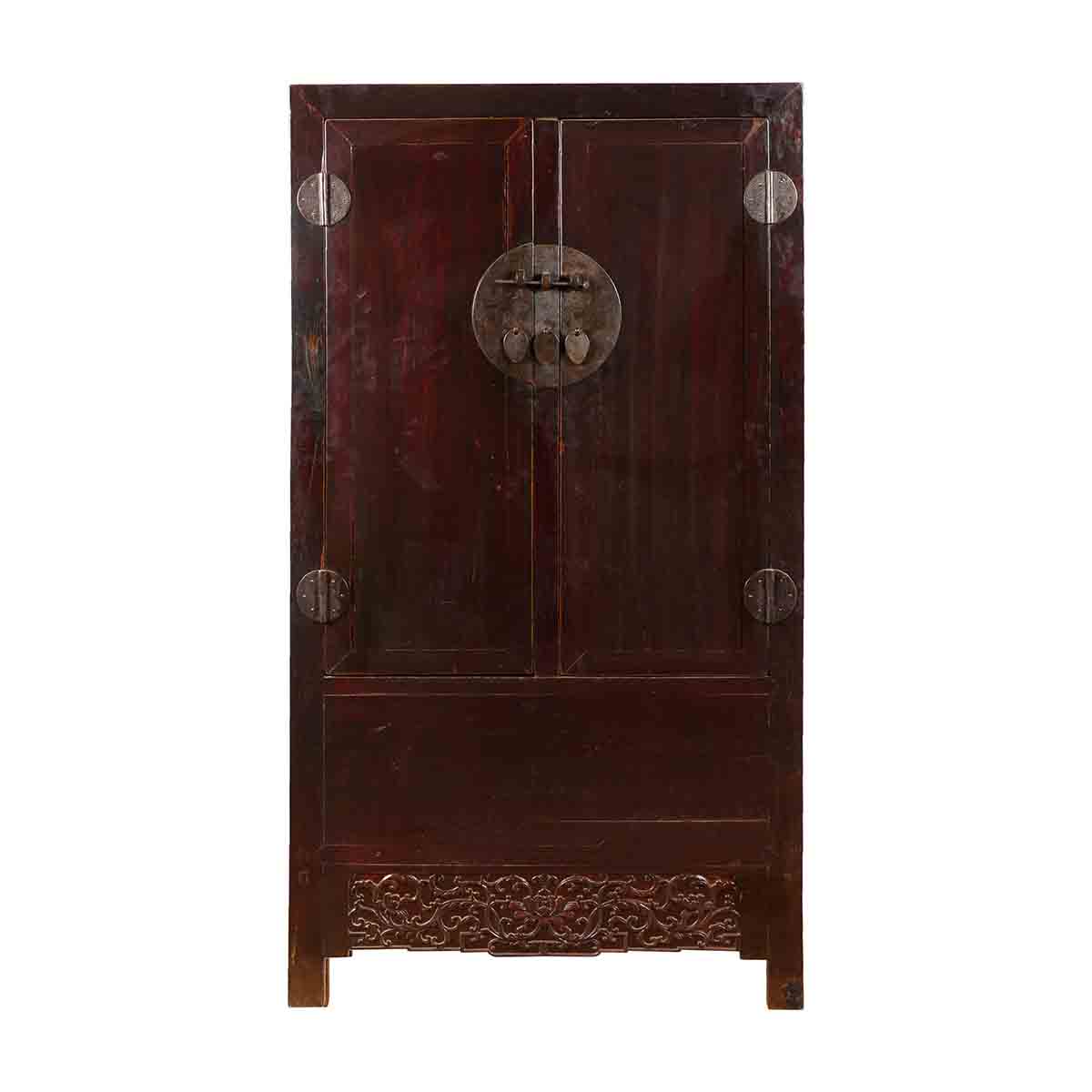Chinese Qing Dynasty 19th Century Dark Brown Lacquer Cabinet with Carved Foliage-1. Asian & Chinese Furniture, Art, Antiques, Vintage Home Décor for sale at FEA Home