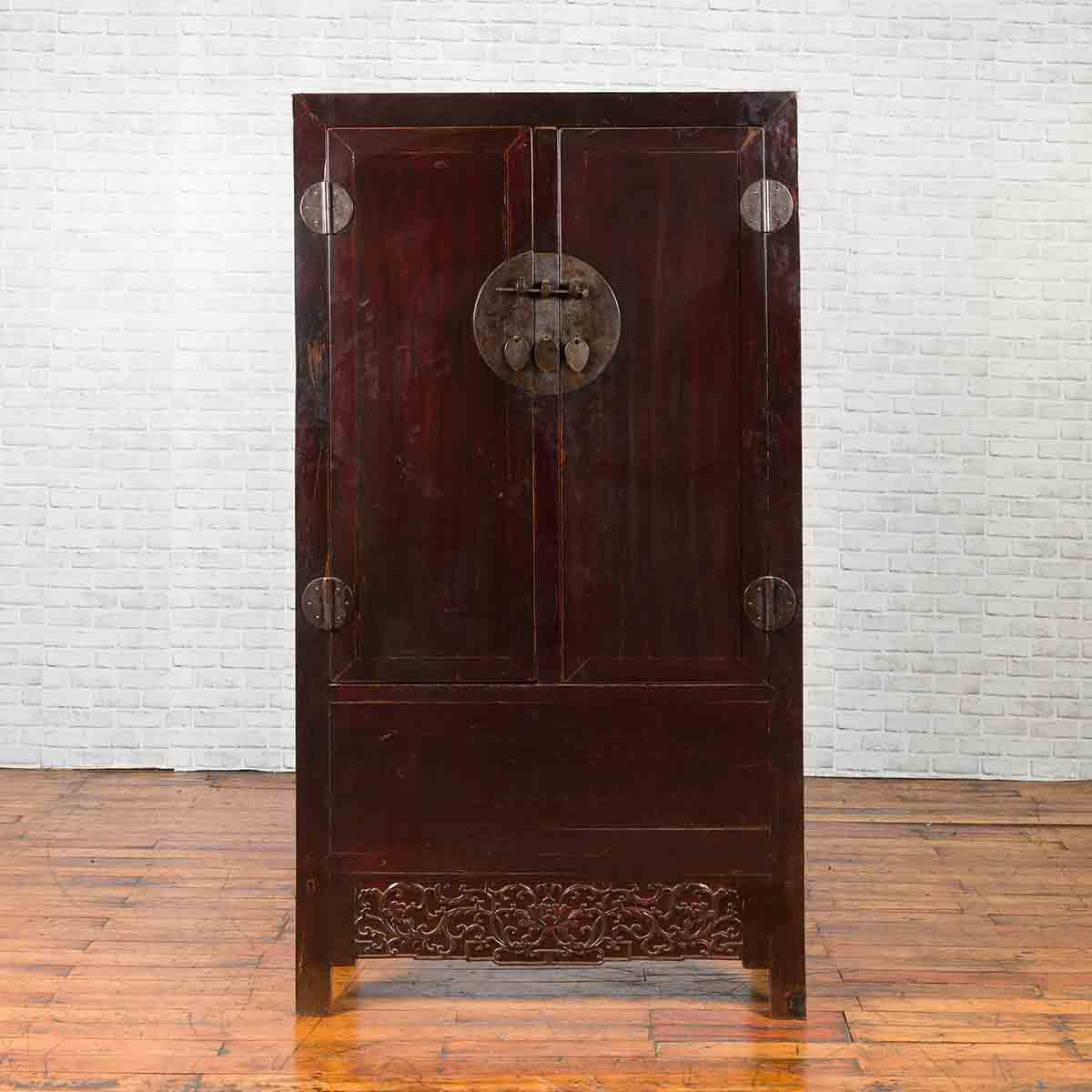 Chinese Qing Dynasty 19th Century Dark Brown Lacquer Cabinet with Carved Foliage-2. Asian & Chinese Furniture, Art, Antiques, Vintage Home Décor for sale at FEA Home