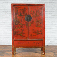 Qing Dynasty 19th Century Painted Chinoiserie Cabinet with Original Red Lacquer