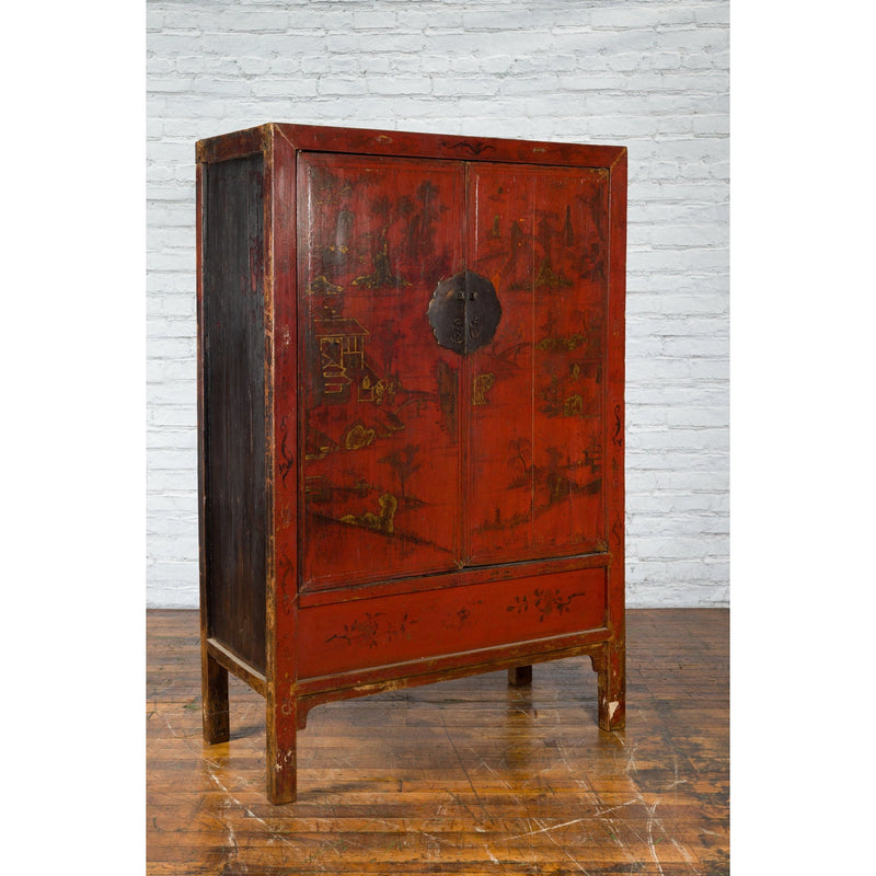 Qing Dynasty 19th Century Painted Chinoiserie Cabinet with Original Red Lacquer-YN1024-11. Asian & Chinese Furniture, Art, Antiques, Vintage Home Décor for sale at FEA Home