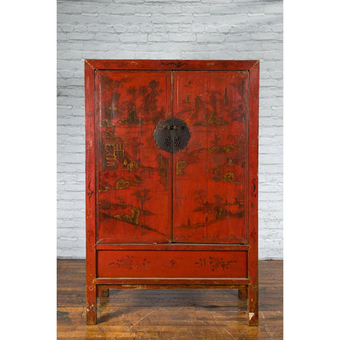 Qing Dynasty 19th Century Painted Chinoiserie Cabinet with Original Red Lacquer-YN1024-3. Asian & Chinese Furniture, Art, Antiques, Vintage Home Décor for sale at FEA Home