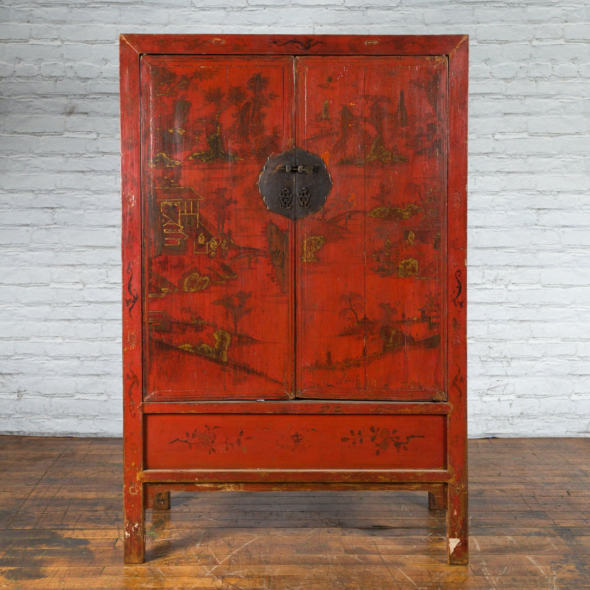Qing Dynasty 19th Century Painted Chinoiserie Cabinet with Original Red Lacquer-4. Asian &amp; Chinese Furniture, Art, Antiques, Vintage Home Décor for sale at FEA Home