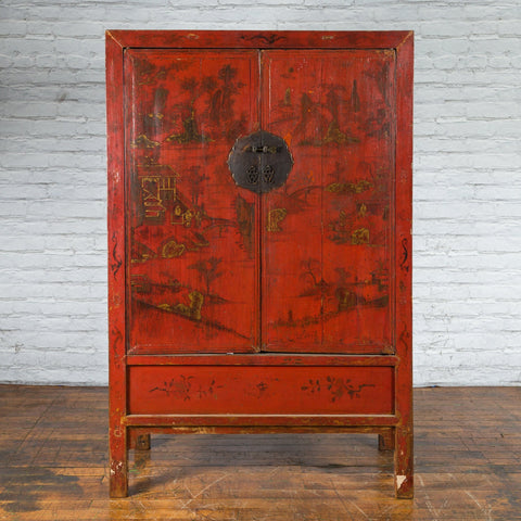 Qing Dynasty 19th Century Painted Chinoiserie Cabinet with Original Red Lacquer-YN1024-4. Asian & Chinese Furniture, Art, Antiques, Vintage Home Décor for sale at FEA Home