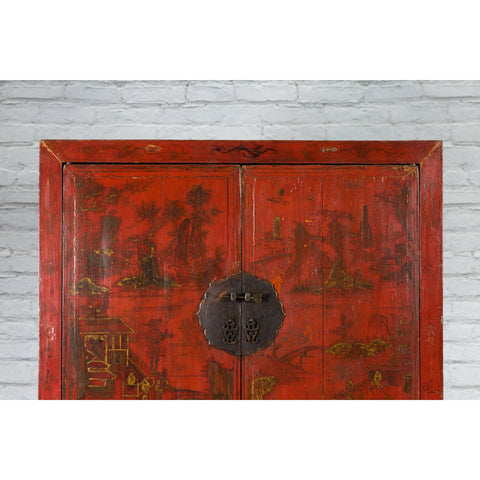 Qing Dynasty 19th Century Painted Chinoiserie Cabinet with Original Red Lacquer-YN1024-5. Asian & Chinese Furniture, Art, Antiques, Vintage Home Décor for sale at FEA Home